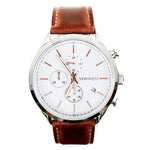 HUDSON CHRONO women's watch, front view — white chronograph dial, silver stainless steel case, brown genuine leather strap