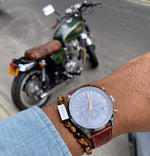 HUDSON CHRONO men's watch on wrist with motorcycle — lifestyle photo