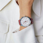HUDSON CHRONO women's watch on wrist — white dial, lifestyle photo