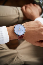 HUDSON CHRONO men's watch on wrist close-up — brown leather strap