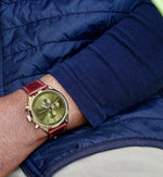HAMPTON CHRONO men's watch on wrist with blue shirt — lifestyle photo