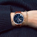 MANHATTAN CHRONO women's watch on wrist — dark blue dial, lifestyle photo