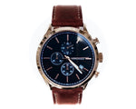 MANHATTAN CHRONO women's watch, front view — dark blue chronograph dial, rose gold stainless steel case, brown genuine leather strap