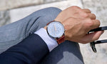 HUDSON CHRONO men's watch on wrist with blue shirt — lifestyle photo